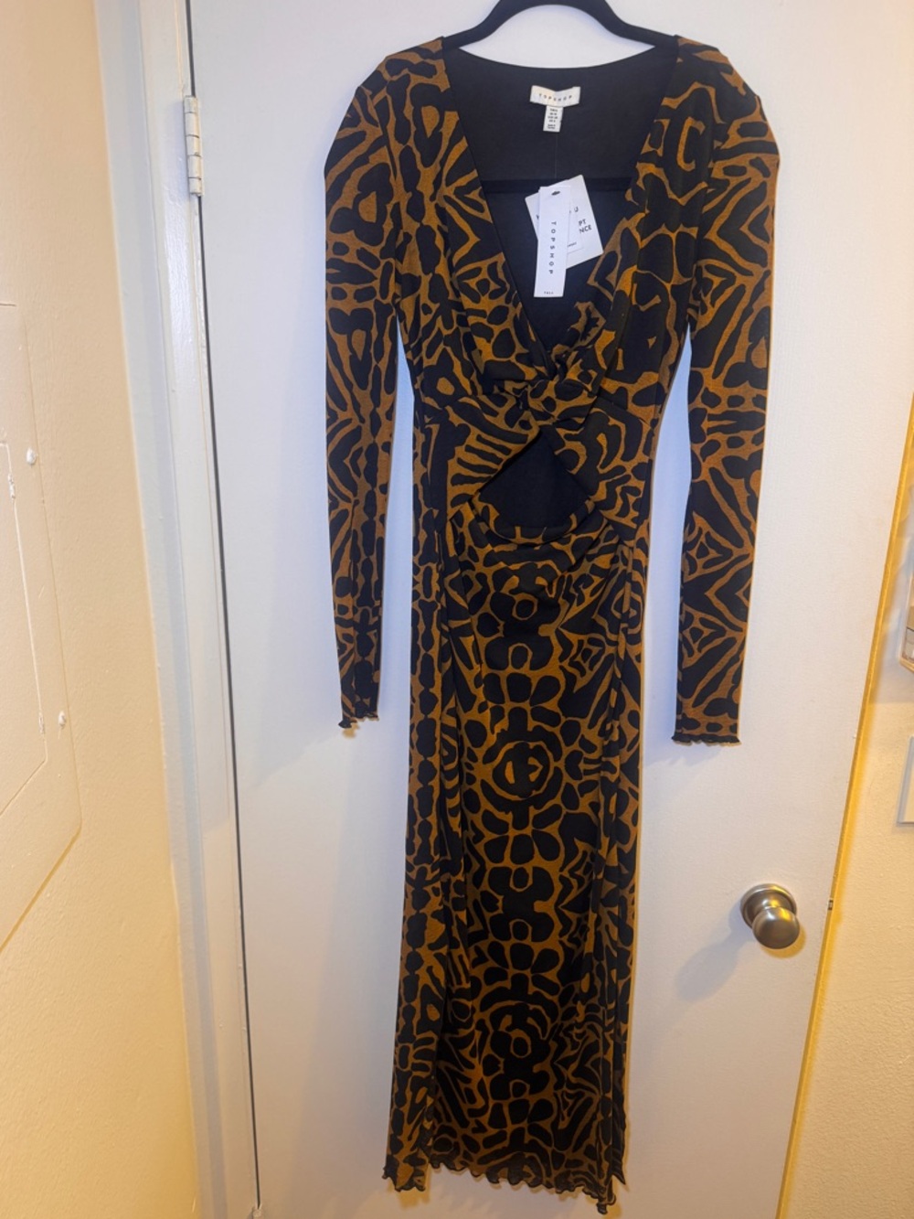Topshop Black and Brown Long Sleeve Twist Cutout Maxi Dress